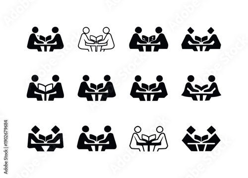 Coworking library-style spaces. Icon set. Set Logo of coworking library-style spaces: quiet collaboration space symbol. harmonious logo