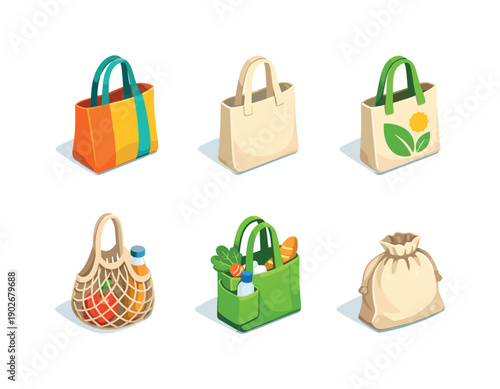 Eco market bags. Isometric flat vector icons set of eco market bags: colorful reusable tote, minimalistic canvas shopper, graphic print eco