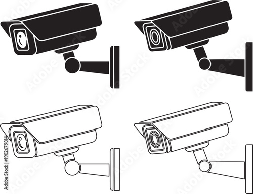 Four Security Surveillance Cameras Black And White Solid And Outline On White cctv