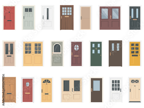 Detailed front doors flat vector icons set, home entry doors, apartment entrances, facade elements, architectural icons, isolated vector, flat style, house design