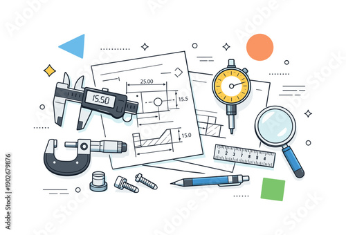 Engineering measurement workspace. Precision measuring tools laid out beside technical drawings, suggesting careful analysis and design