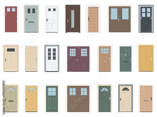 Detailed front doors flat vector icons set, house entrances, home doors, apartment doors, isolated, facade elements, entryways, architectural icons, vector illustration