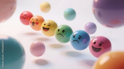 Vibrant emoji spheres floating in a soft light, expressing joy and emotions, perfect for social media content.