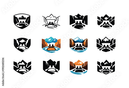 River rafting. Icon set. Set Logo of River rafting: raft navigating canyon. harmonious logo variations of the same emblematic concept, each
