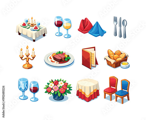 Isometric Fine Dining Icons. Fine dining table. Colorful isometric vector icons set of fine dining table: elegant table setup, wine glasses, folded napkins,