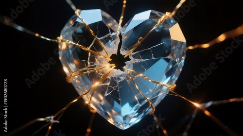 A shattered crystal heart illuminated by golden threads, expressing vulnerability and resilience, used for emotional storytelling.
