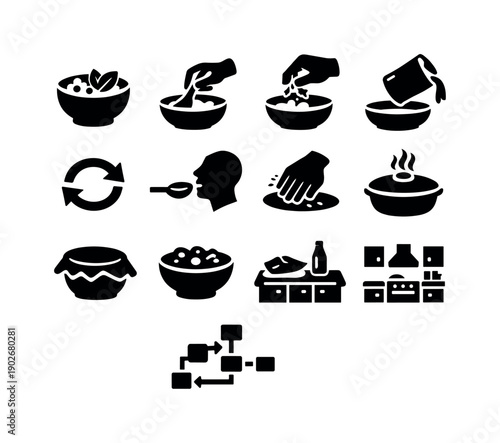 Cooking Process. Solid icon set of Cooking Process: ingredient bowl, stirring hand, adding herbs, pouring broth, mixing motion arrows,