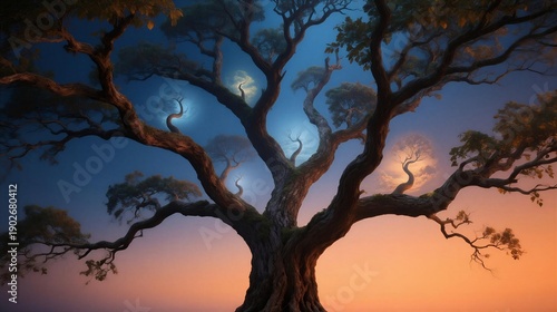 Ancient tree with sprawling branches against a twilight sky, evoking a sense of mystery and wonder, perfect for fantasy themes.