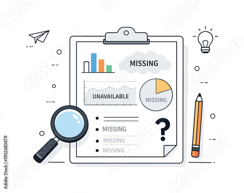Partial Knowledge Illustration. Incomplete report concept. A thoughtful editorial scene where a visual report or infographic is shown with some elements faded,