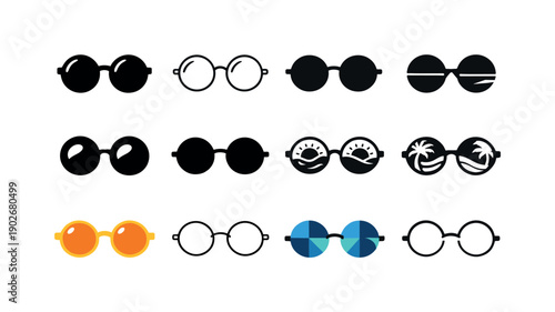 June beach accessories. Icon set. Set Logo of June beach accessories: retro round sunglasses. harmonious logo variations of the