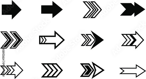 Collection of twelve black and white arrow pointing right direction symbol
