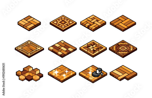 Parquet Floor. Colorful isometric vector icons set of Parquet Floor: square parquet tiles, classic mosaic pattern, basket weave layout,