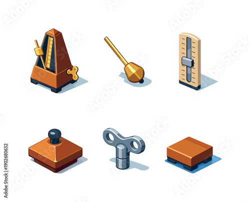 Isometric Metronome Icons. Tempo Device. Isometric flat vector icons set of tempo device: traditional wood metronome, brass pendulum swinging, visible tempo