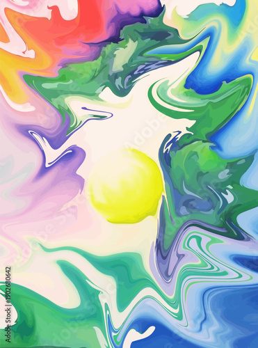 Abstract vector illustration of a glowing sun embraced by a fluid green landscape near water at sunrise, blending vibrant pastel colors, motion, and dreamlike harmony; background for modern designs