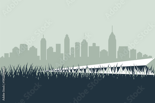 Modern City Skyline with Green Foreground and Abstract Structure, sustainable urban development concept with copy space