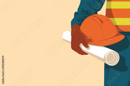 Construction Professional with Hard Hat and Blueprint, construction planning concept with copy space