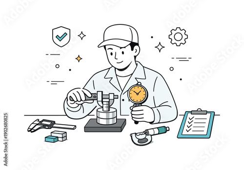 Quality control measurement. A technician calmly checking a part with precision gauges, representing consistency and manufacturing standards.