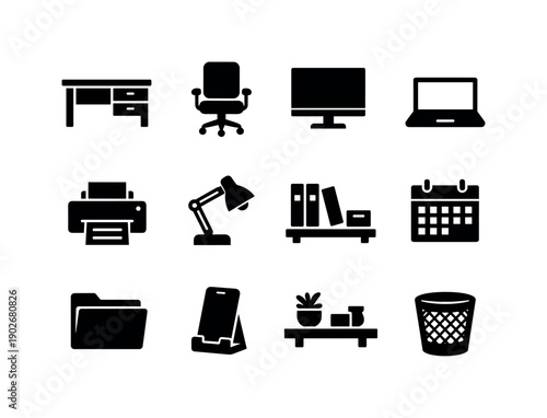 home office essentials. Solid icon set of home office essentials: office desk, office chair, computer screen, laptop, printer, desk lamp,