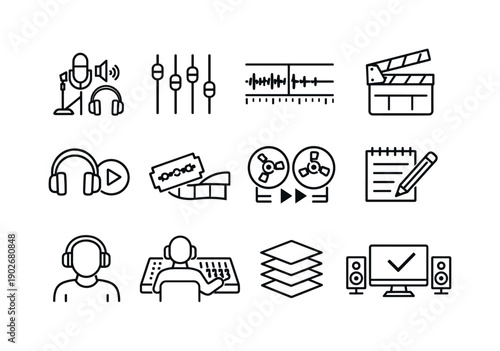 Studio workflow. Line icon set of studio workflow: sound check process, adjusting knobs, recording session timeline, take number slate,