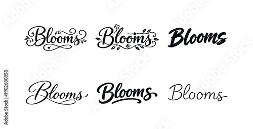 Gentle hand drawn blooms text. Set lettering. harmonious lettering variations of the same emblematic concept, each with different artistic