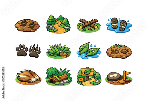 Nature Trail Icons. Nature Trails. Colorful isometric vector icons set of Nature Trails: muddy animal track, forest path, broken twig signs, wet trail prints,