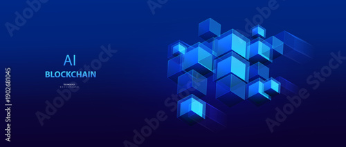 AI isometric blockchain connected concept. Blue block network design. Transparent cubes big data design. Ai chain technology banner. Science and business working.