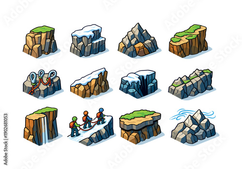 Isometric Mountain Icons. Mountain Cliffs. Colorful isometric vector icons set of Mountain Cliffs: alpine rock face, snow-dusted cliff, rocky peak edge, narrow