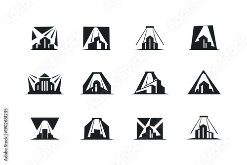 Architectural lighting. Icon set. Set Logo of architectural lighting: light beams on architecture. harmonious logo variations of the same