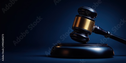 Judge's wooden gavel and sound block on a dark blue background with copy space