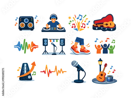Street Music Icons. Street music. Colorful flat vector icons set of street music: portable speaker, live DJ, music note burst, open guitar case, music waves,