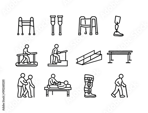 Mobility Icon Set. Mobility Rehabilitation. Line icon set of Mobility Rehabilitation: walker aid, crutches, walking frame, prosthetic limb, gait training, step