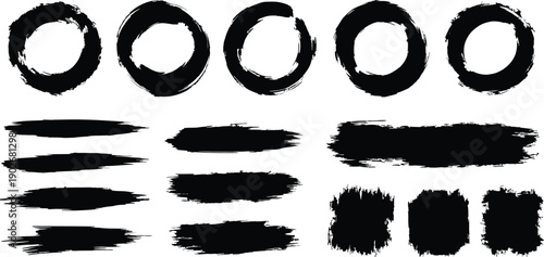 Black ink brush stroke circles and rectangles on white background oval