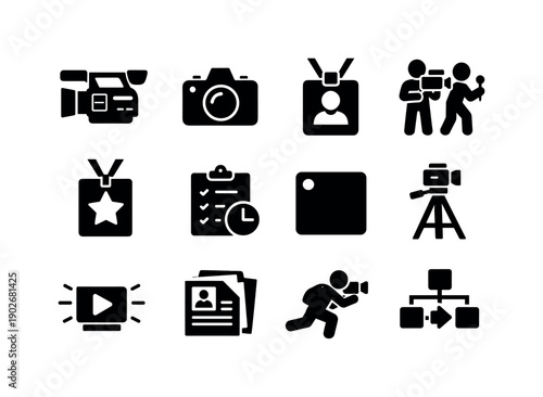Live Event Coverage. Solid icon set of Live Event Coverage: video camera, photo camera, press badge, media crew, backstage pass, event