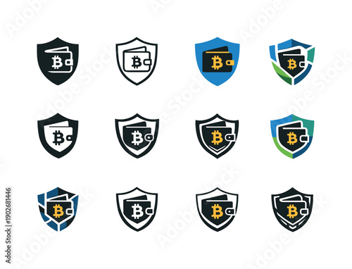 Cryptocurrency Icon Set. cryptocurrency investment basics. Icon set. Set Logo of cryptocurrency investment basics: shielded crypto wallet. harmonious logo