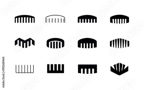 Rake Tine Icons. Rake tines. Icon set. Set Logo of rake tines: evenly spaced rake teeth. harmonious logo variations of the same emblematic concept, each with