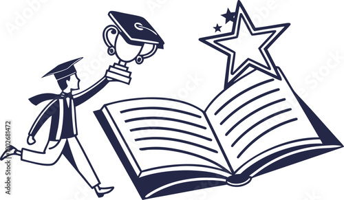 A graduating student celebrates academic success holding a trophy while running toward a large open book.