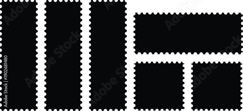 Black postage stamp shapes with perforated edges on white background stamp border
