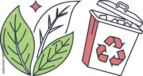 Green leaves next to a recycling bin represent environmental protection and sustainability