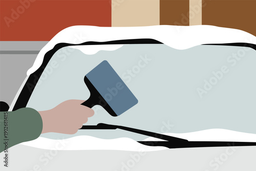 Clearing Snow from Car Windshield, winter car maintenance concept with copy space