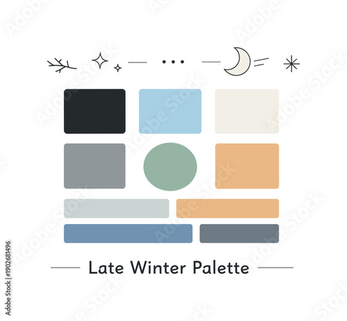 Late winter color palette. Simple geometric swatches arranged neatly, showing harmony between cool and slightly warm tones of late winter.