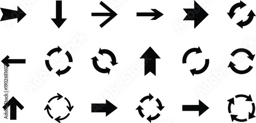 Collection of black arrow pointing in various directions and circular motion pointer symbol