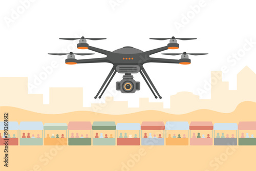 Drone Monitoring a Bustling Outdoor Market, aerial surveillance concept