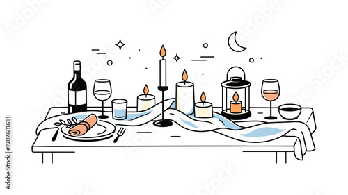 Summer evening decor table setting. An outdoor table with candles, glasses, and light fabric decor gently arranged. The scene feels intimate,