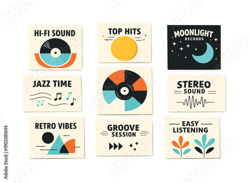Vintage Vinyl Symphony. Vinyl sleeves flat lay. Top view of several vintage-style record sleeves arranged symmetrically, some with bold graphic labels and