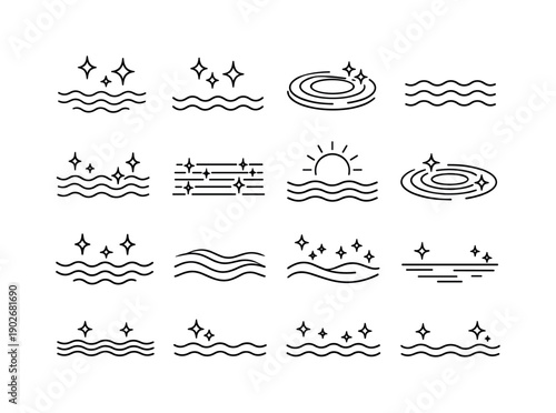 Shimmering water. Line icon set of shimmering water: sunlight on waves, sparkle reflection, ripple circles, gentle water surface, water with