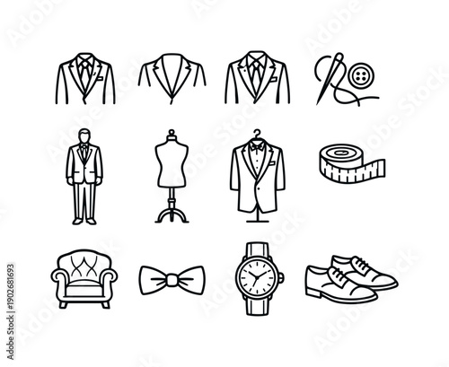 Luxury Suit Aesthetics. Line icon set of Luxury Suit Aesthetics: classic suit silhouette, structured shoulders, sharp lapels, handcrafted