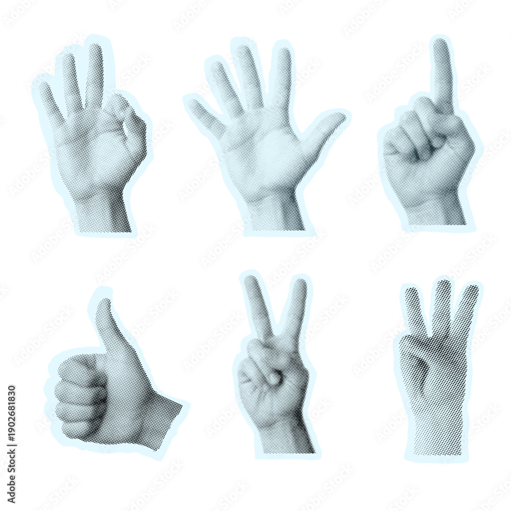 Obraz premium Set of hand gesture silhouettes in white halftone texture on white background, retro pop art style.