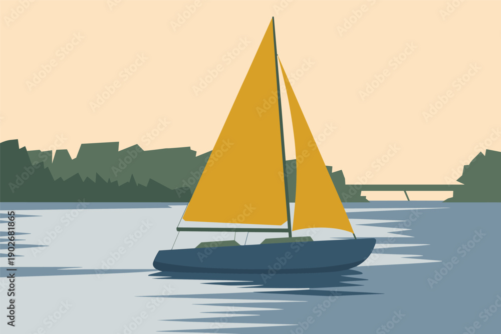Fototapeta premium Serene Sailboat on Calm Waters, peaceful travel concept with copy space