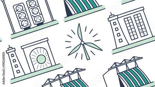 A pattern of sustainable energy icons including wind turbines and various power plants in a minimalist style