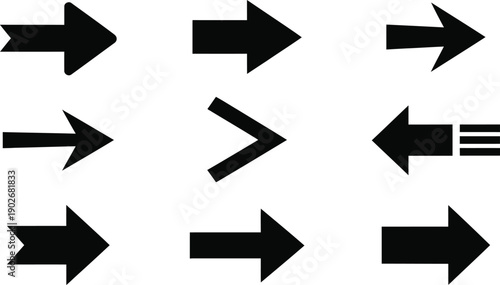 Collection of nine black arrow pointing in various directions symbol right left